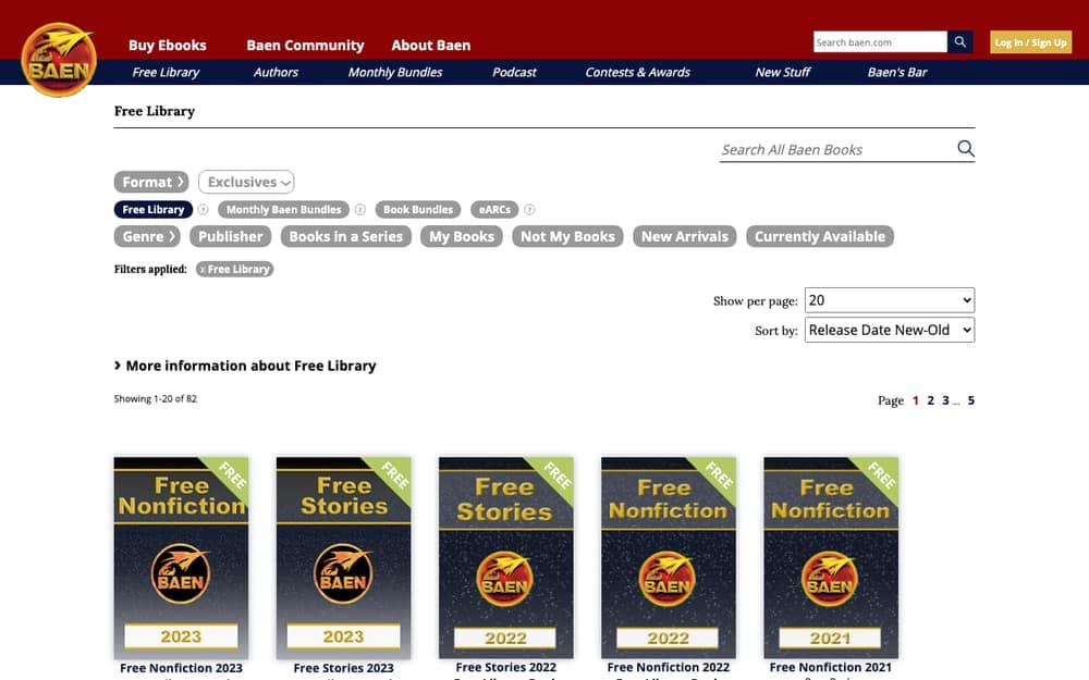 Baen Free Library catalogue page showing filters and a row of free story and nonfiction collections