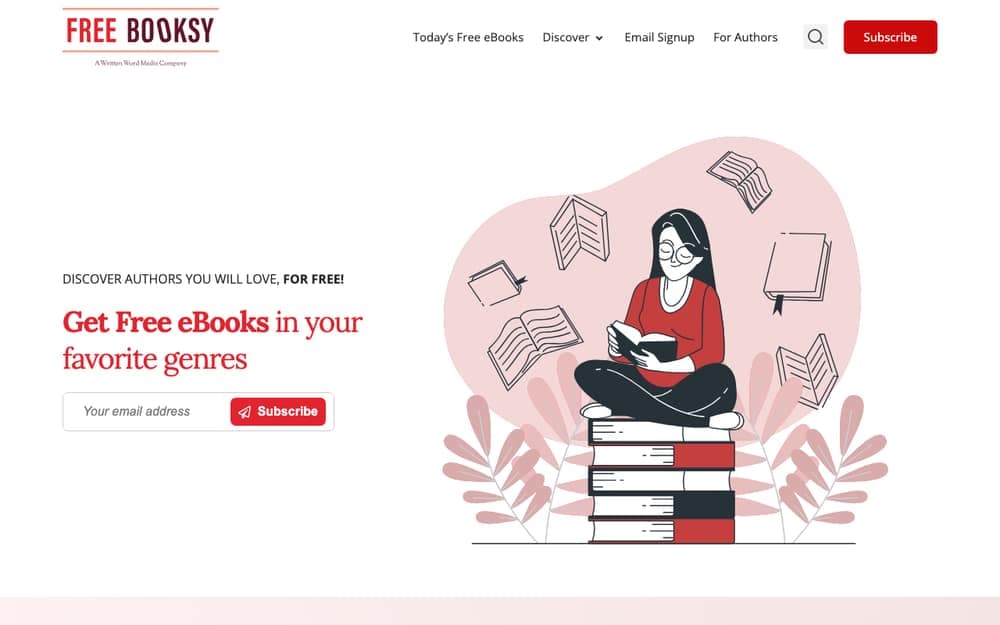 Freebooksy home page with an email signup headed 'Get free ebooks in your favorite genres'