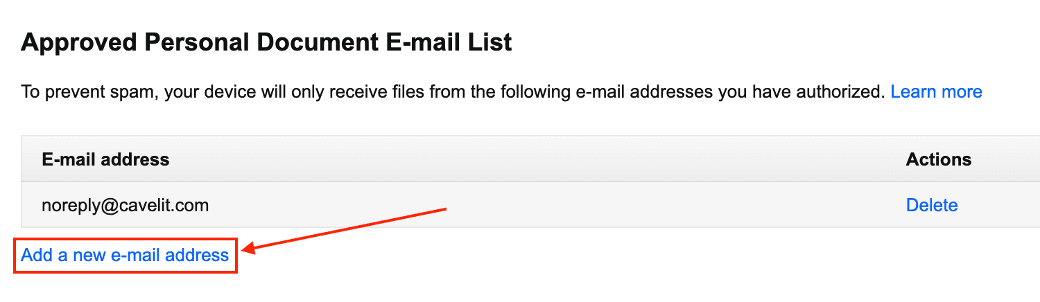 Amazon's Approved Personal Document E-mail List with one approved address and the 'Add a new e-mail address' link highlighted.