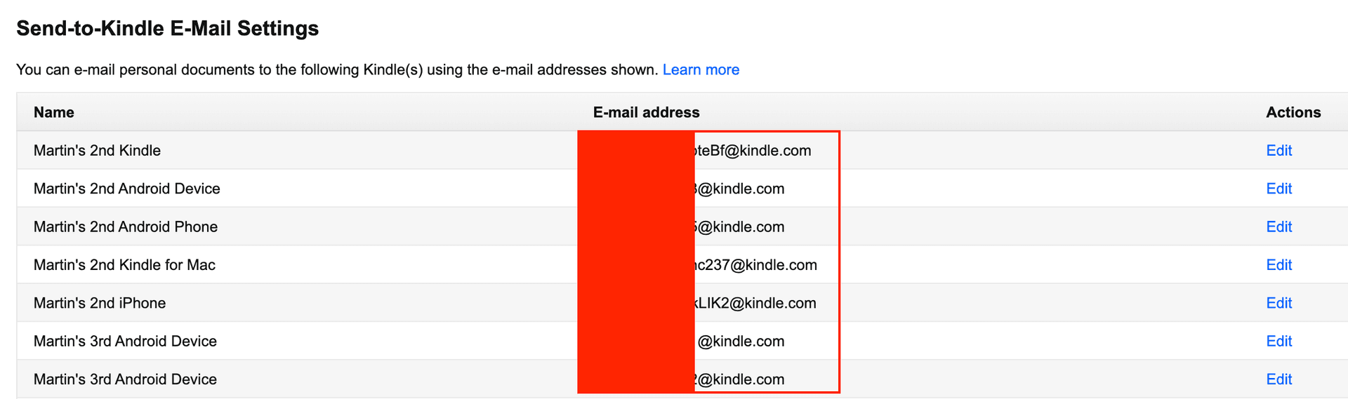 Amazon's Personal Document Settings page with the Send-to-Kindle email address highlighted