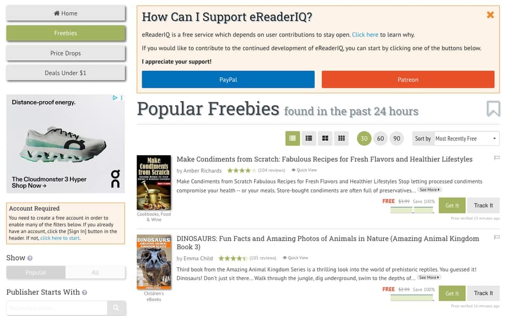 eReaderIQ freebies page listing popular free Kindle books found in the past 24 hours, with Get It and Track It buttons