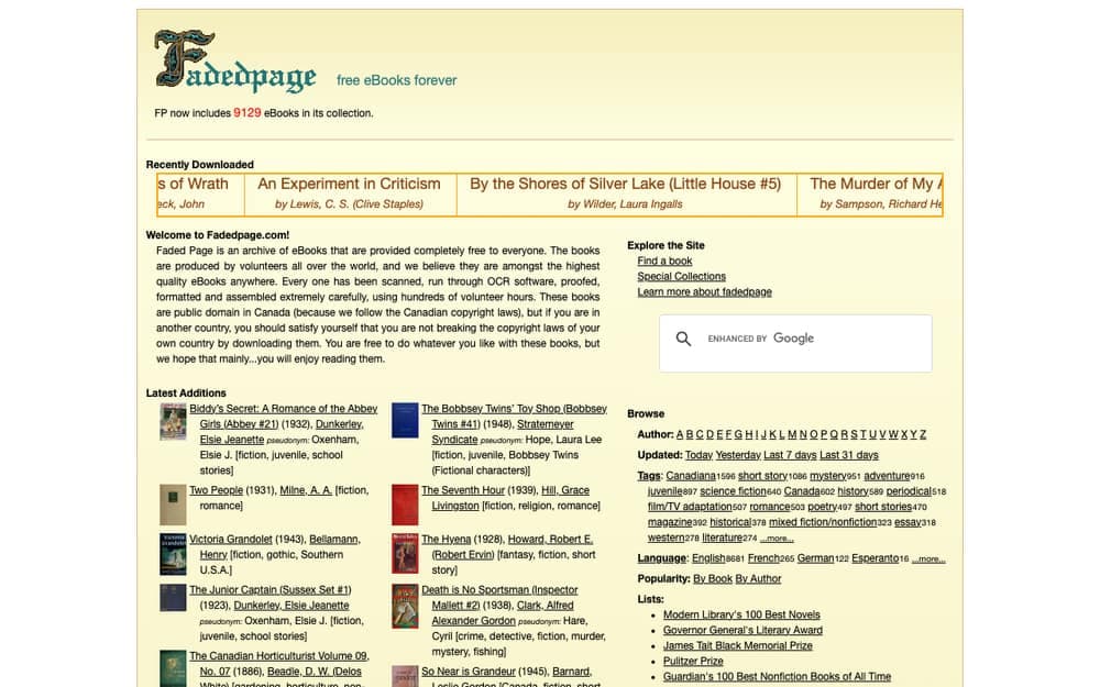 Faded Page home page listing 9,129 ebooks, with latest additions and a browse-by-tag sidebar