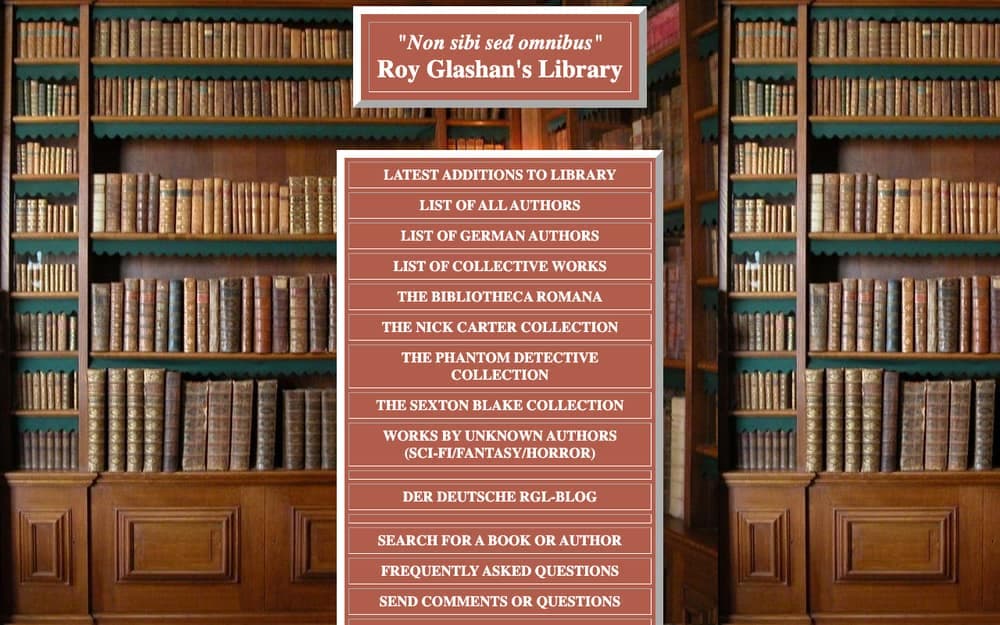 Roy Glashan's Library home page, a menu of collections over a photo of old bookshelves