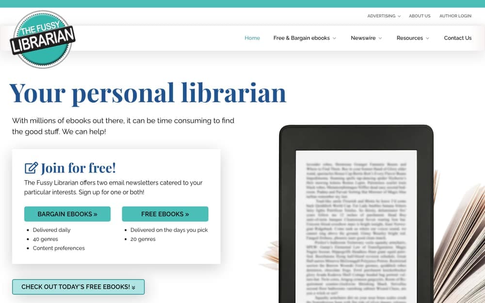 The Fussy Librarian home page with two newsletter signups, bargain ebooks and free ebooks