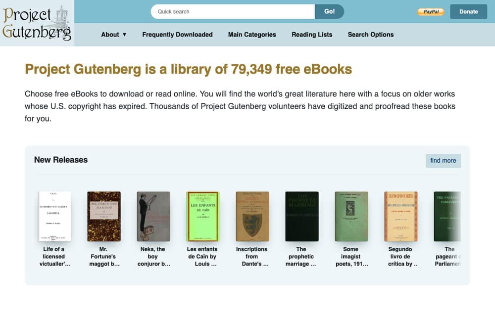 Project Gutenberg home page, headed with the count of 79,349 free ebooks and a row of new releases