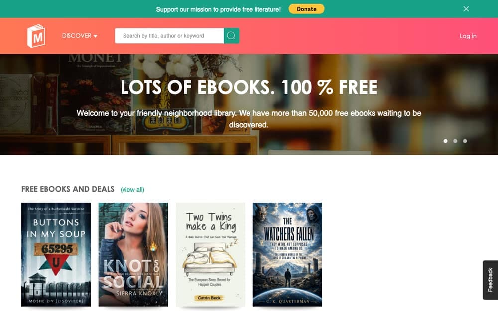 ManyBooks home page with the banner 'Lots of ebooks. 100% free' and a row of free ebooks and deals