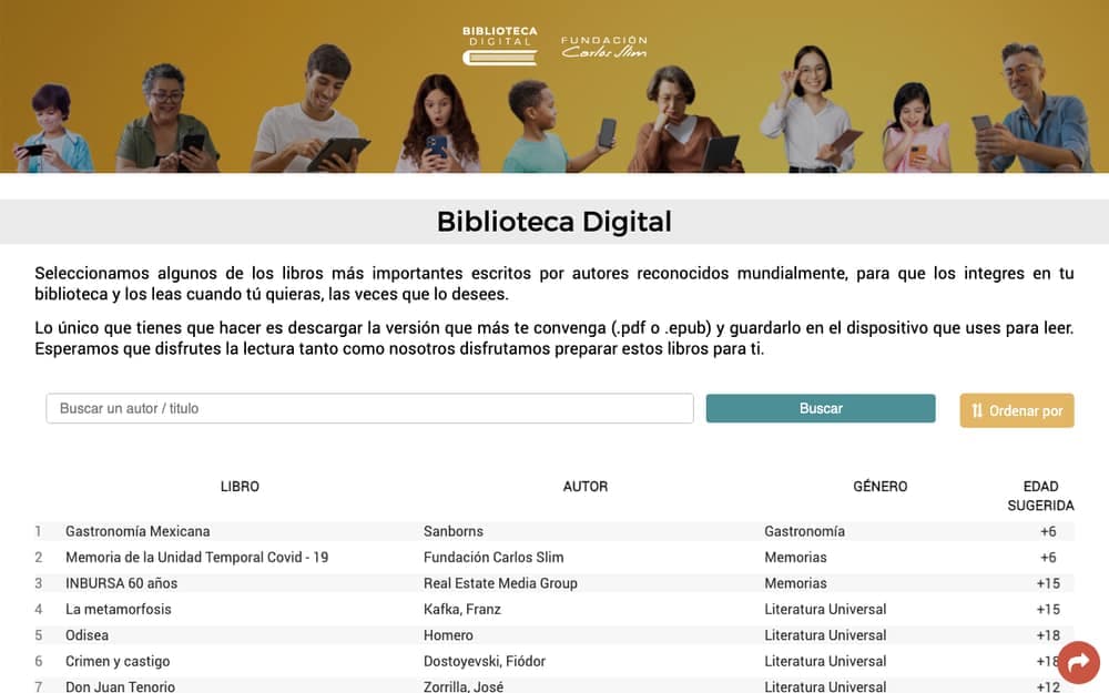 Biblioteca Digital page from Fundación Carlos Slim, a table of titles with author, genre and suggested age