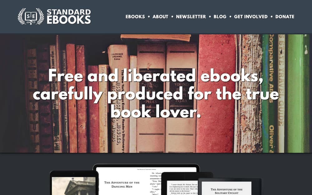 Standard Ebooks home page with the tagline 'Free and liberated ebooks, carefully produced for the true book lover'