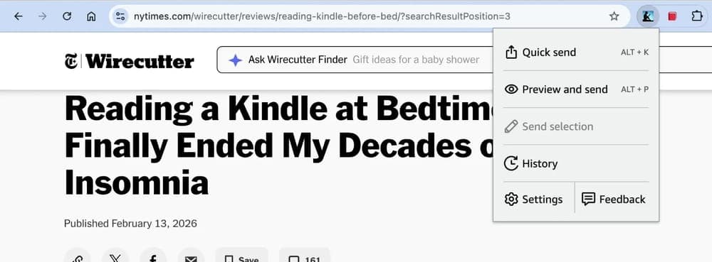 Amazon's Send to Kindle extension menu open over a New York Times Wirecutter article in Chrome, with Quick send at the top.