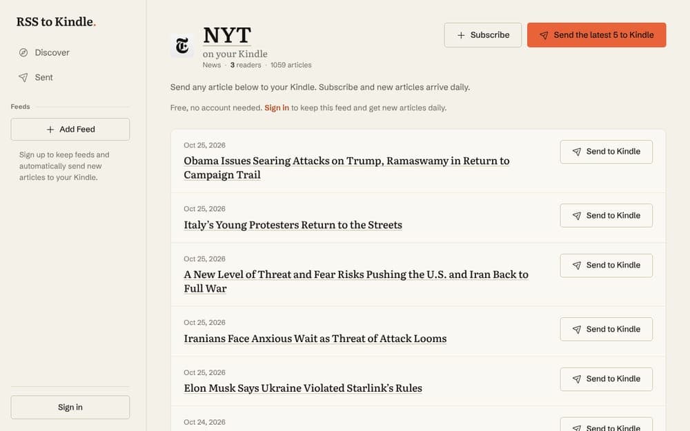 The NYT feed page on RSS to Kindle, with Subscribe and 'Send the latest 5 to Kindle' buttons above a list of today's Times headlines.
