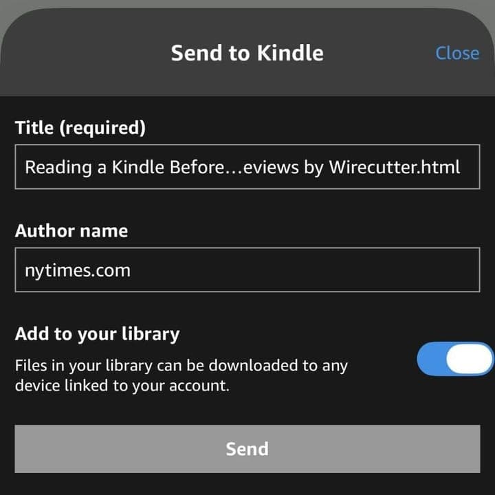 The Kindle app's Send to Kindle screen, with the article's title, the author set to nytimes.com, and a Send button.