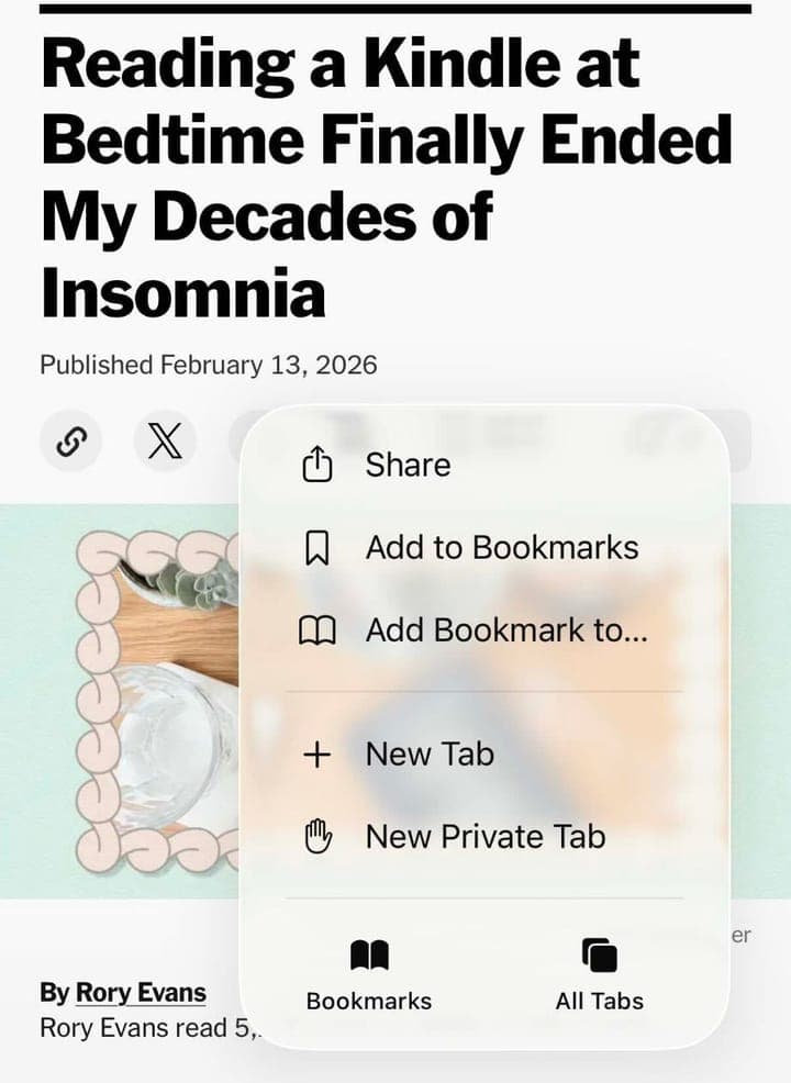 Safari's menu open over a New York Times article on an iPhone, with Share at the top.